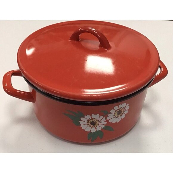Westen Bessano Italy Vintage Lot Of 3 Red Farmhouse Enamel Pot/Pan/Lid ❤️ - Picture 2 of 9